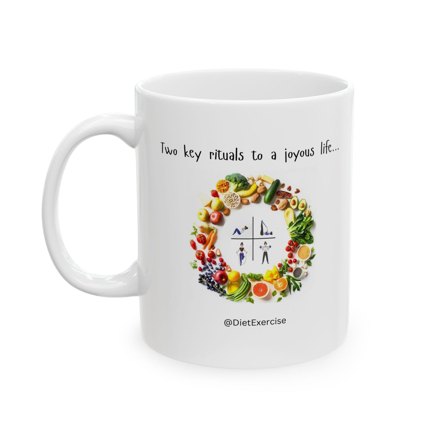 Elegant Coffee Mug - Diet & Exercise Graphic - Inspirational Health Gift - Wellness Mug - Joyous Life Quote - Gym Motivation