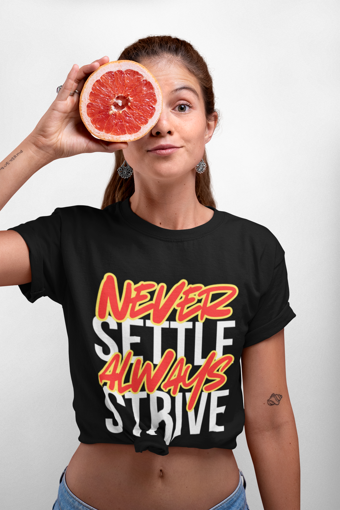 'Never Settle Always Strive' Graphic Tee, Workout Motivation, Casual Wear, Gift for Friends, Trendy Statement Shirt, Everyday Fashion Printify