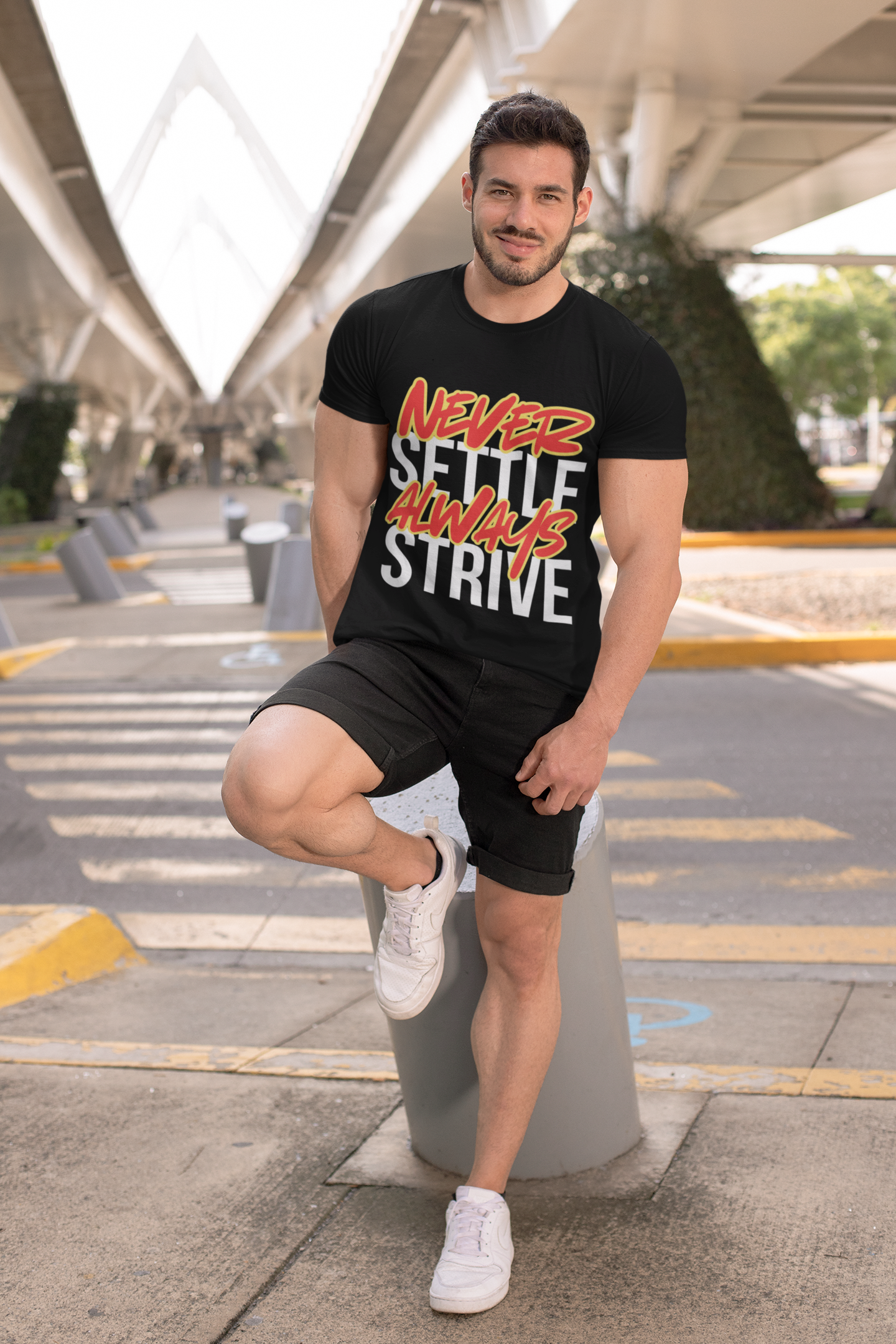 'Never Settle Always Strive' Graphic Tee, Workout Motivation, Casual Wear, Gift for Friends, Trendy Statement Shirt, Everyday Fashion Printify