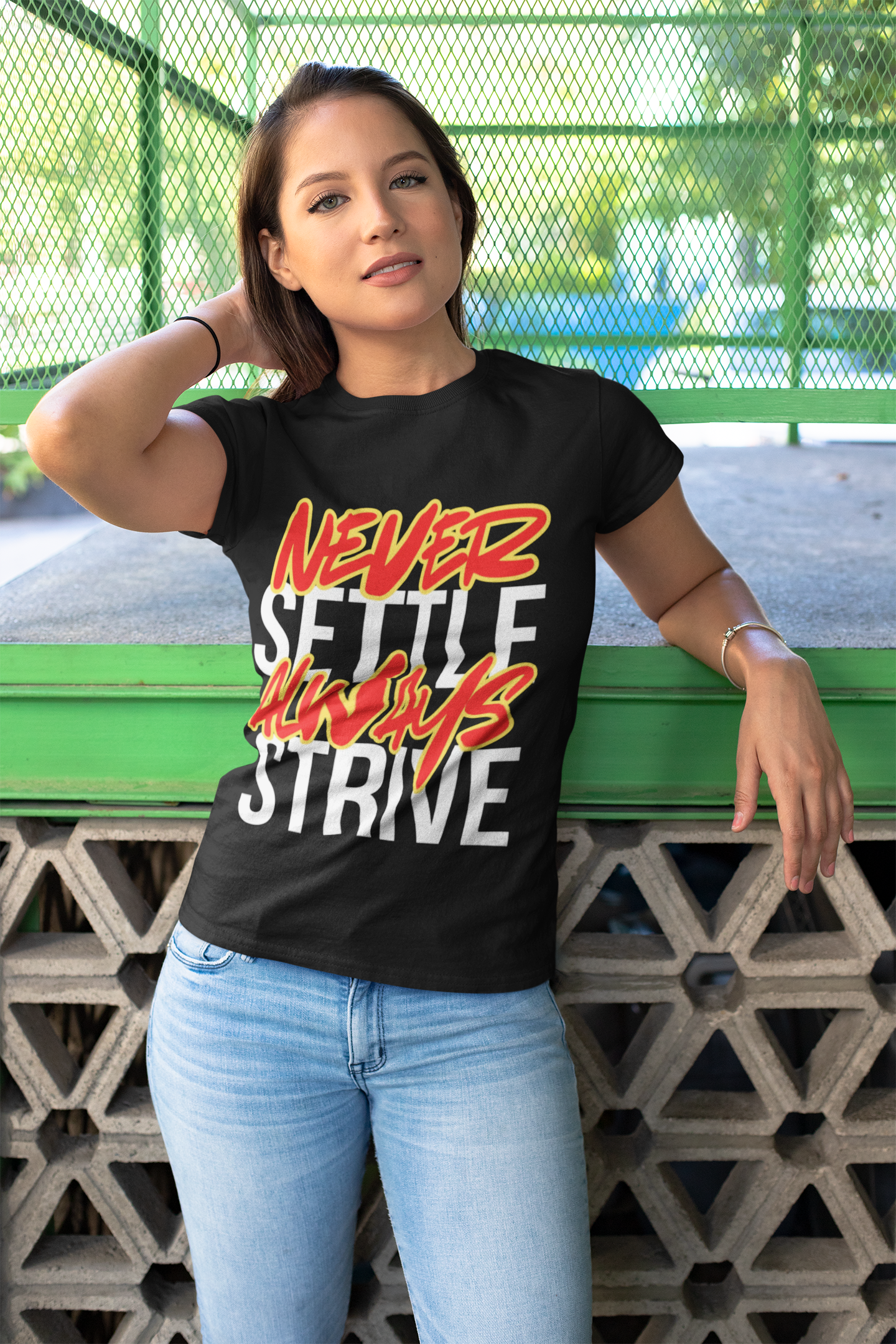'Never Settle Always Strive' Graphic Tee, Workout Motivation, Casual Wear, Gift for Friends, Trendy Statement Shirt, Everyday Fashion Printify