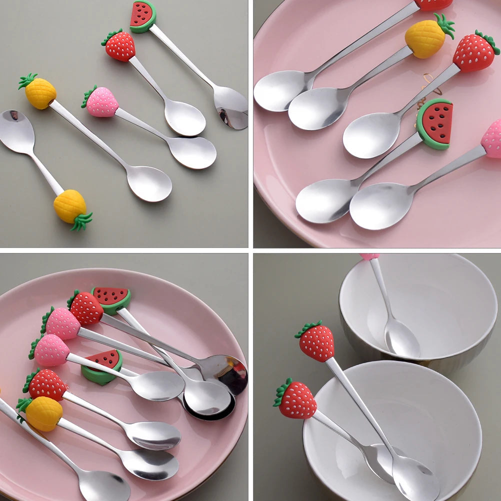 Set of 4 Fruit Handle Teaspoons | Stainless Steel Coffee, Dessert, Ice Cream, Yogurt Spoons | Cute Kitchen Utensils Gift Diet and Exercise