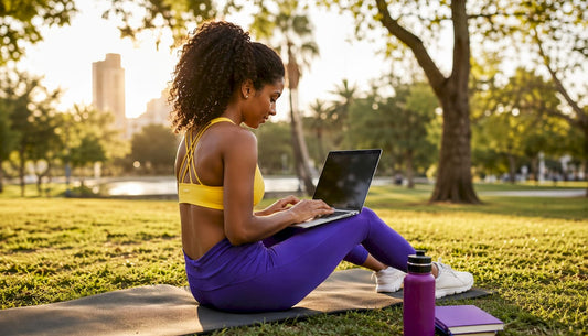Woman taking nutrition course on laptop in home gym