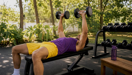 Man doing flat dumbbell bench press in home gym