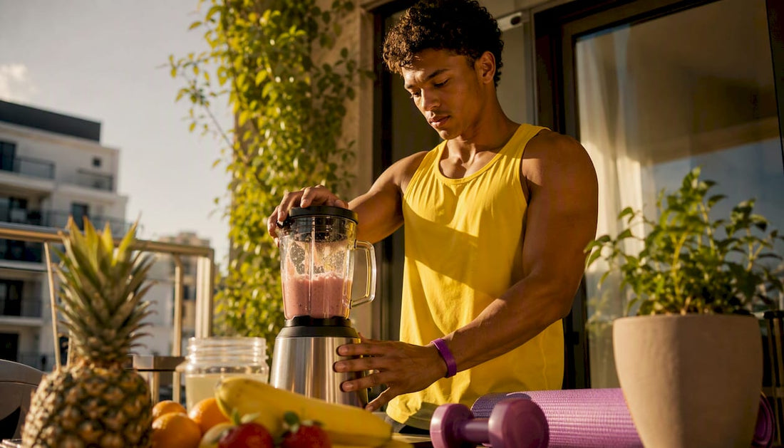 Man preparing protein shake in modern kitchen