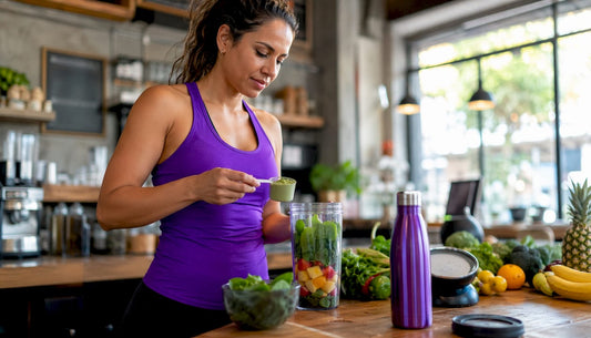 Woman preparing daily greens powder smoothie