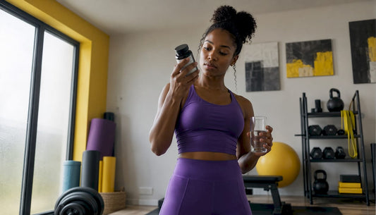 Athlete examining multivitamin bottle at kitchen table