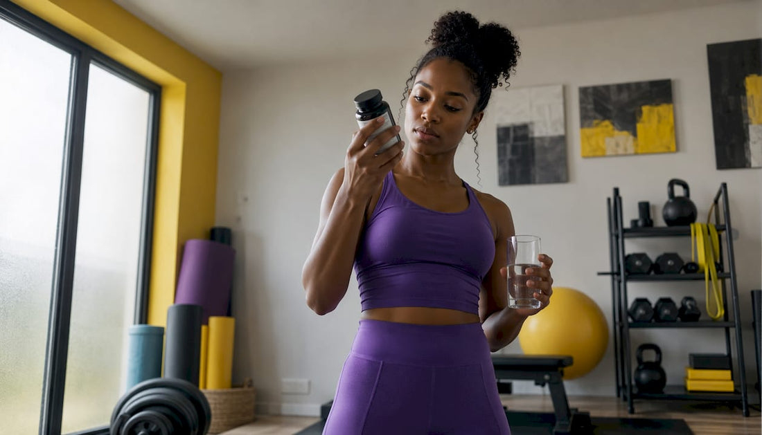 Athlete examining multivitamin bottle at kitchen table