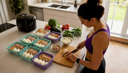 Woman preparing high protein meal prep containers