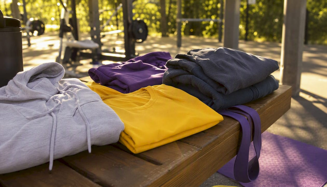 Folded gym hoodies and t-shirts on bench