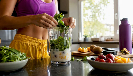 Person preparing protein shake in kitchen