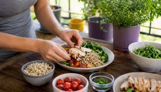 Hands plating balanced meal for reverse diet