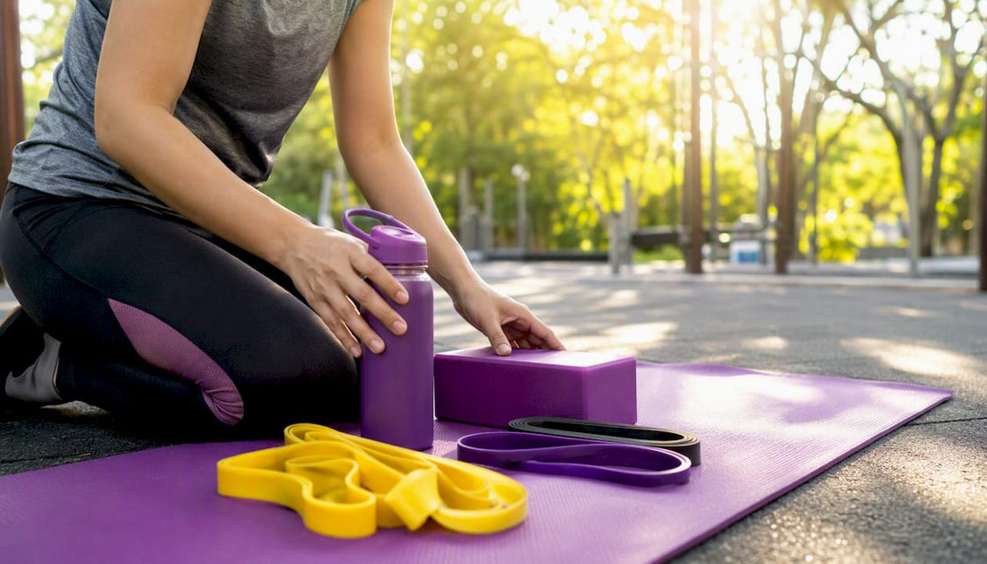 Hands arranging fitness gear on bench