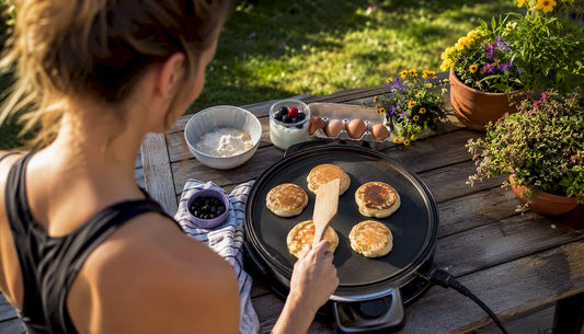 Person flipping protein pancakes on stove