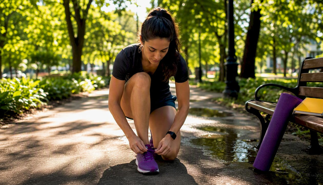 Person tying running shoes outdoors at dawn