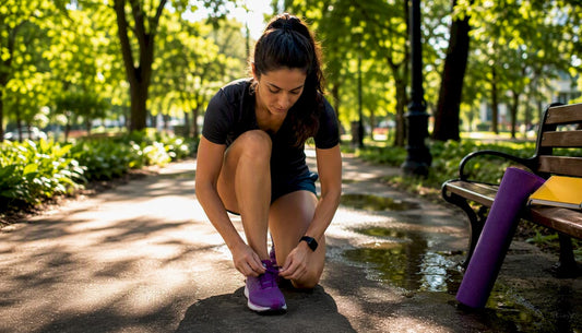 Person tying running shoes outdoors at dawn