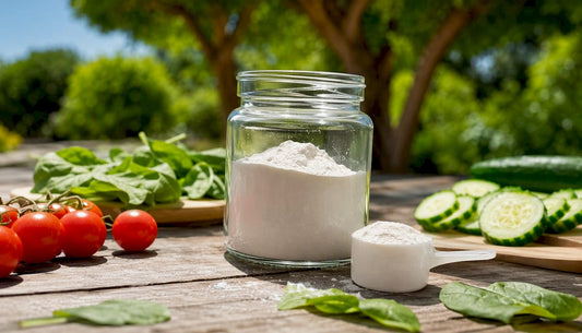 Glass container with glutamine powder and scoop