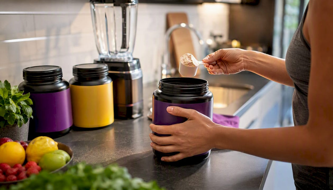 Protein powder containers on kitchen shelf with scoop