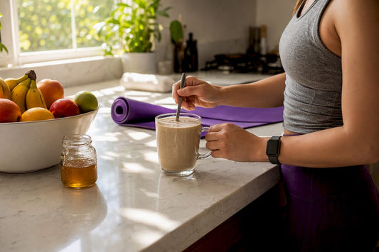Glass protein shake pouring in kitchen