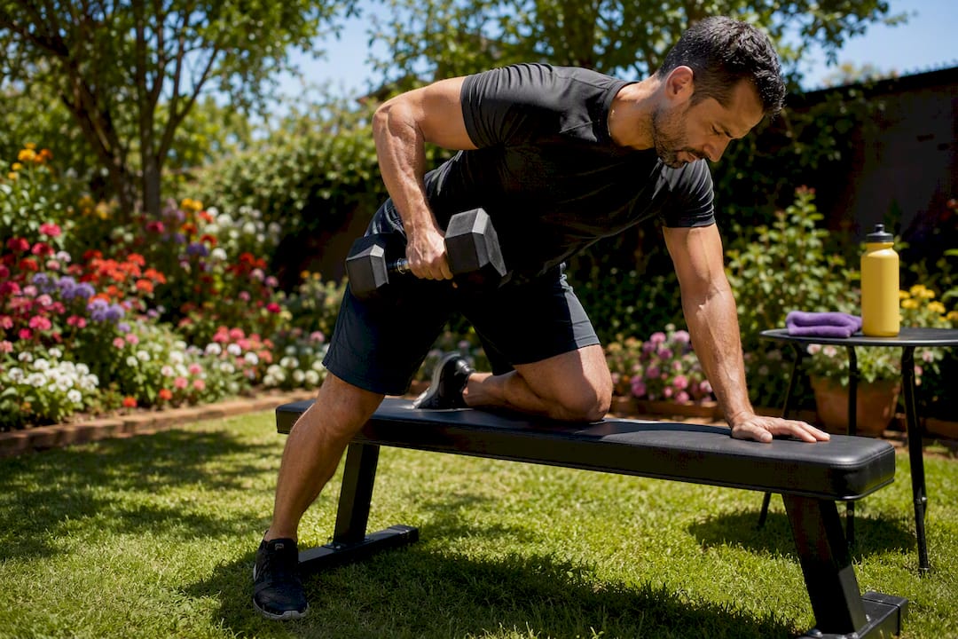 Person doing dumbbell row in home gym