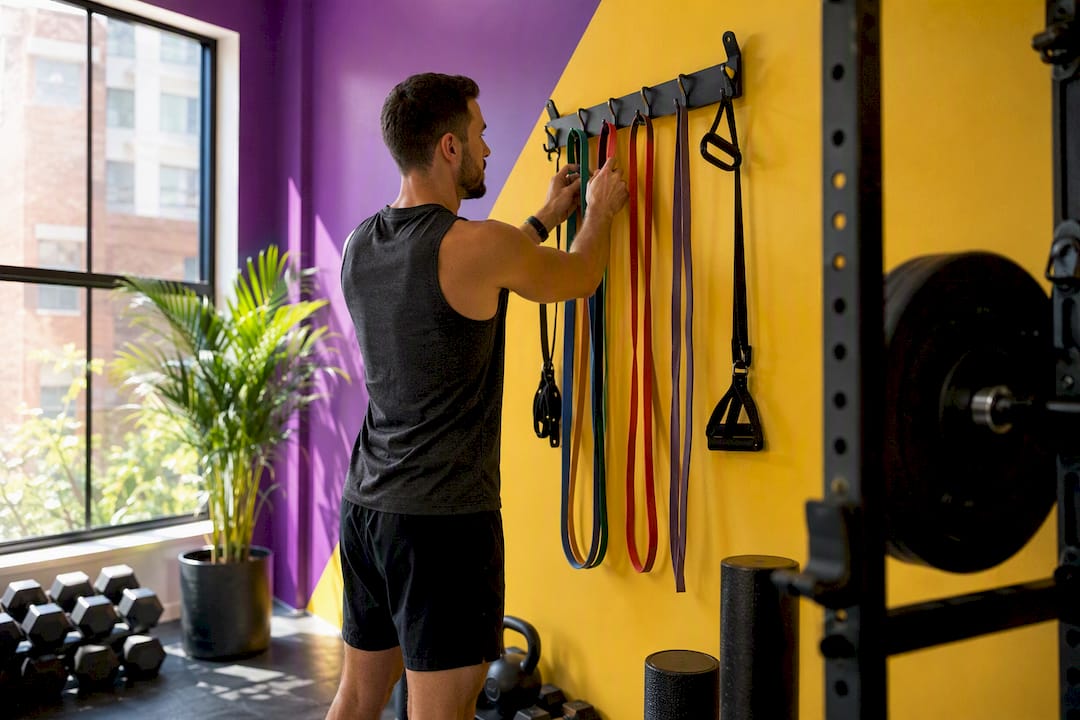 Hands adjusting colorful resistance bands