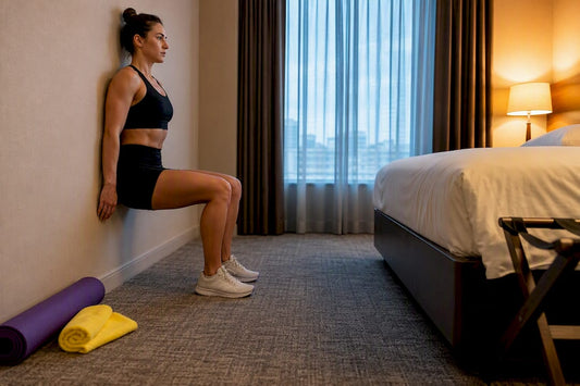 Traveler doing wall sit in hotel room