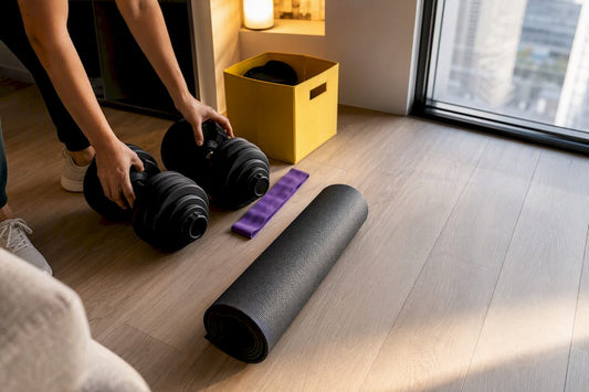 Compact home gym equipment in apartment