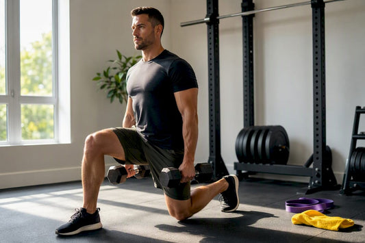 Athlete performing dumbbell split squat at home