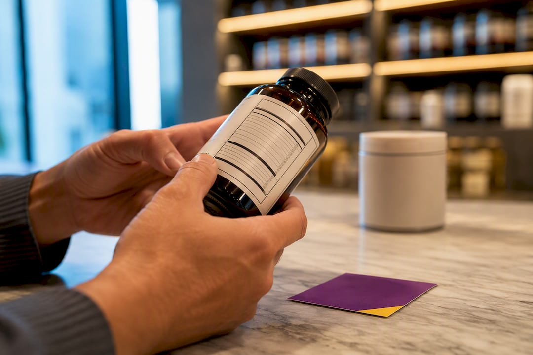 Hands inspecting an anonymous supplement label