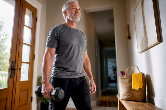 Older adult carrying dumbbell through home