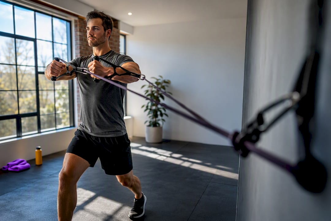 Athlete performing anchored resistance band press