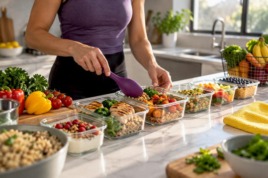 Hands organizing a week of prepared meals