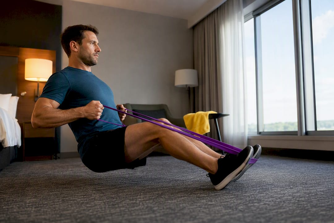Traveler doing band workout in hotel room