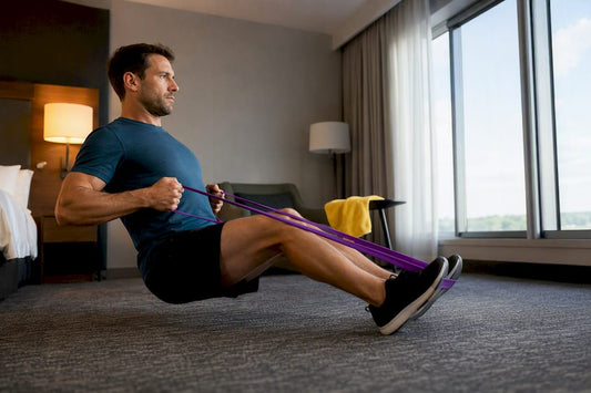 Traveler doing band workout in hotel room