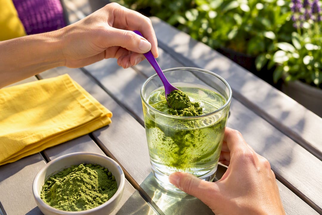 Green powder stirred into a clear drink