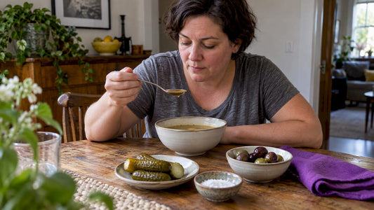 Broth, pickles, and olives on a table