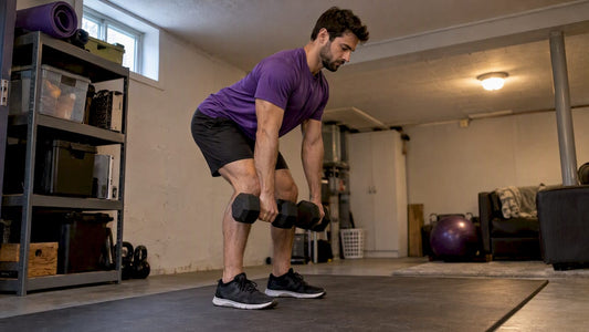 Man doing dumbbell deadlifts at home