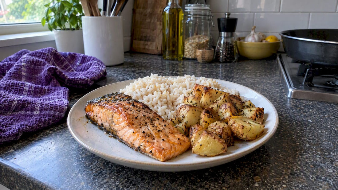 Fish, rice and potatoes on a plate