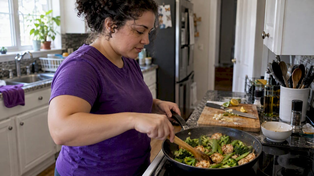 A colorful shrimp and broccoli stir-fry being prepared in a pan
