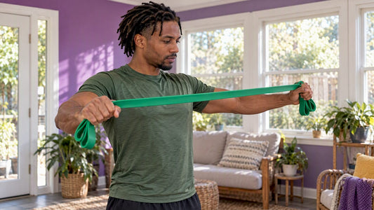 Man rehearsing a band pull-apart warm-up