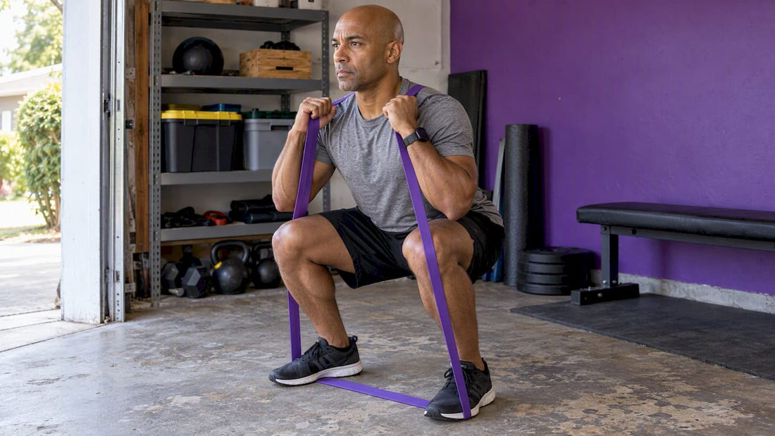 Man performing a banded squat at home