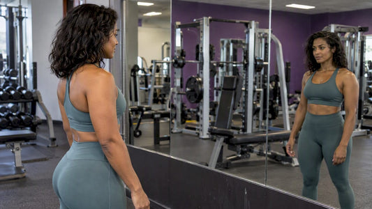 Woman considering her physique in a gym mirror