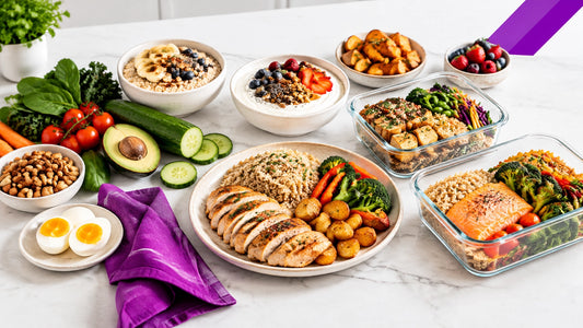 A variety of balanced meals with chicken, salmon, rice, oats, vegetables, yogurt, fruit, and nuts on a bright kitchen counter