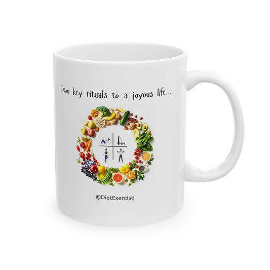 Elegant Coffee Mug - Diet & Exercise Graphic - Inspirational Health Gift - Wellness Mug - Joyous Life Quote - Gym Motivation Printify