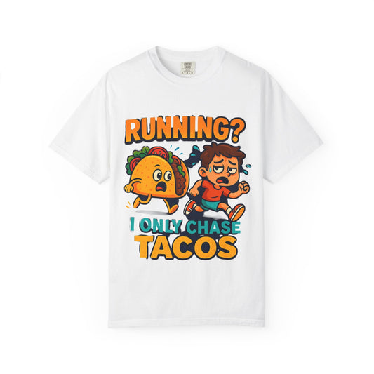 A graphic t-shirt depicting a boy running away from a giant taco.