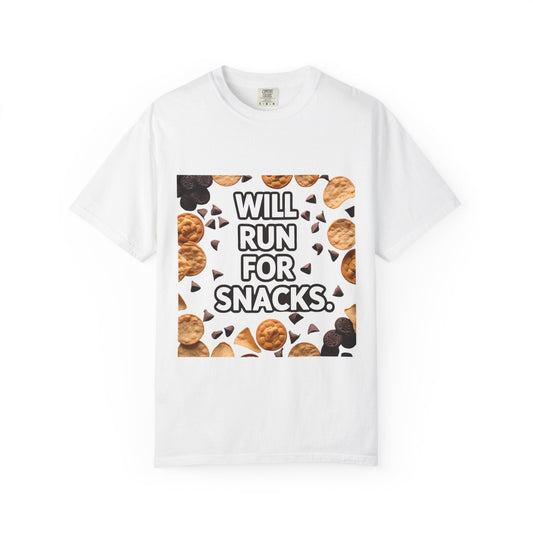 Playful Snack Lover T-Shirt, Will Run For Snacks Tee, Funny Foodie Gift, Quirky Casual Wear, Comfortable Unisex Apparel Printify