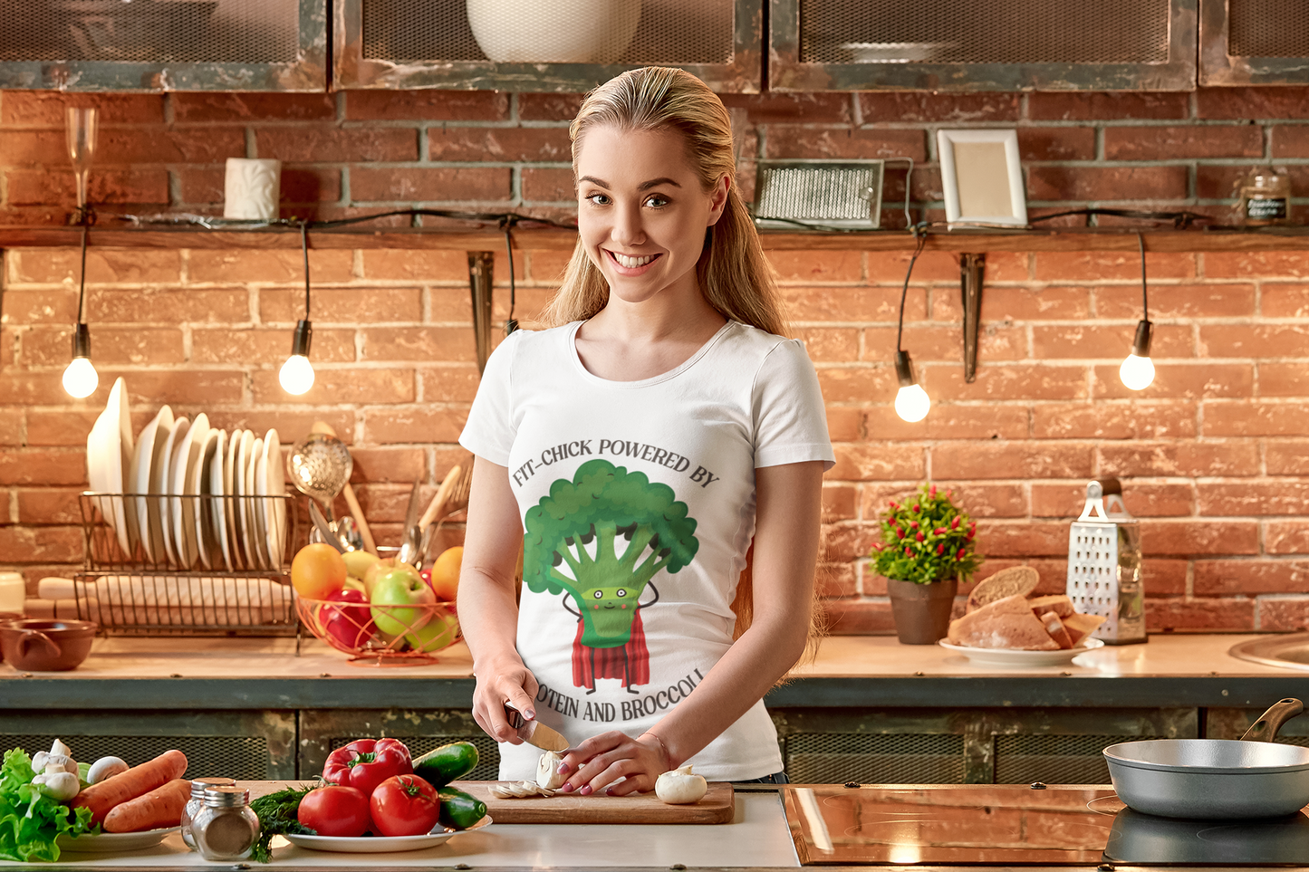 Fit Chick Powered by Protein and Broccoli Tee | Funny Workout Top, Unisex Cotton T-Shirt, Gym Apparel, Fitness Gift, Broccoli Lover Shirt