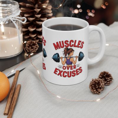Muscles Over Excuses Motivational Mug, Fitness Gift, Workout Mug, Gym Lover's Mug, Inspirational Coffee Cup Printify