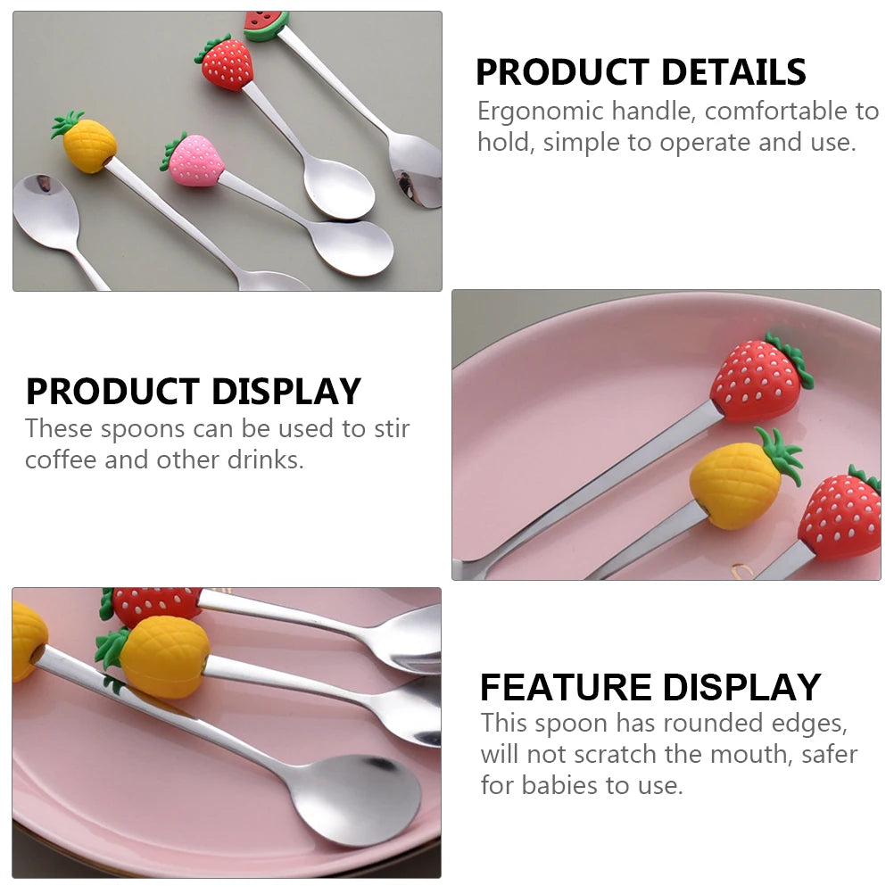 Set of 4 Fruit Handle Teaspoons | Stainless Steel Coffee, Dessert, Ice Cream, Yogurt Spoons | Cute Kitchen Utensils Gift Diet and Exercise