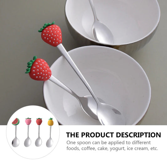 Set of 4 Fruit Handle Teaspoons | Stainless Steel Coffee, Dessert, Ice Cream, Yogurt Spoons | Cute Kitchen Utensils Gift Diet and Exercise